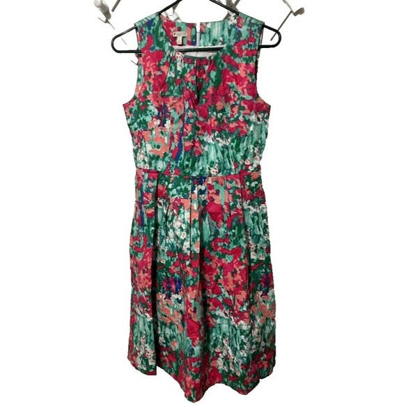 Talbots Petites 8P Watercolor Floral A-Line Tank Dress Green Pink Sleeveless - Picture 1 of 9